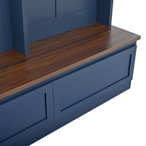 English Elm Rattan Door Hall Tree Bench with 6 Hooks Farmhouse Entryway Storage Blue N721S000076C