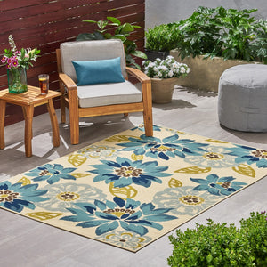 Christopher Knight Home® - Noble House - Wildwood Outdoor 5'3" X 7' Floral Area Rug, Ivory and Blue