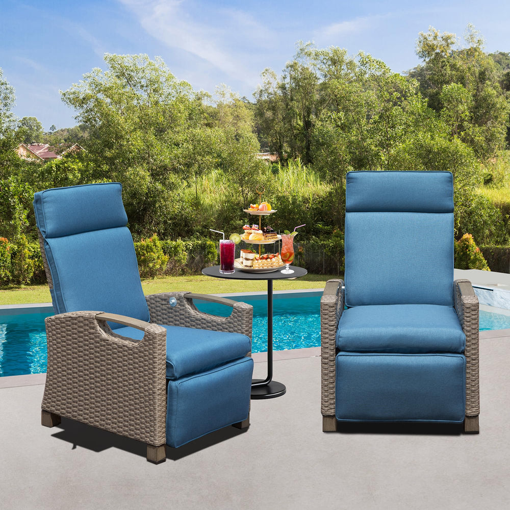 English Elm Outdoor Recliner Chair with Hand‑Woven Resin Wicker, Built‑In Flip Table, Thick Cushions, 150° Recline Blue W1859P196402
