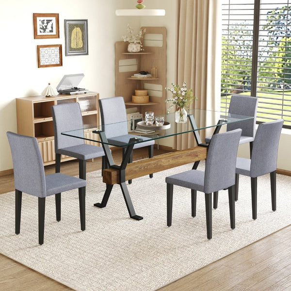 English Elm Table And Chair Set – Modern 79" Tempered Glass Dining Table With 6 Stylish Light Gray Chairs W1151S03618-GIGA