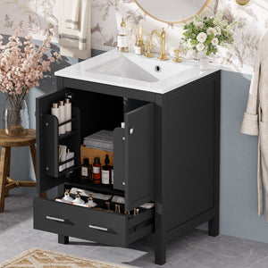 English Elm 24-inch Modern Bathroom Vanity with Ceramic Sink, Soft-Close Doors, Drawer Divider & Ample Storage Black N729P299440B