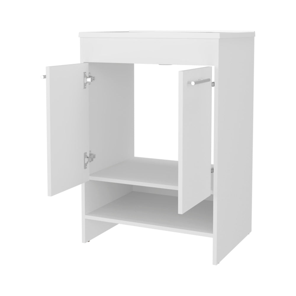 English Elm White 2-Door Bathroom Vanity with Open Shelves, Bright White Finish, Modern Clean Look for Small Spaces B062P355531
