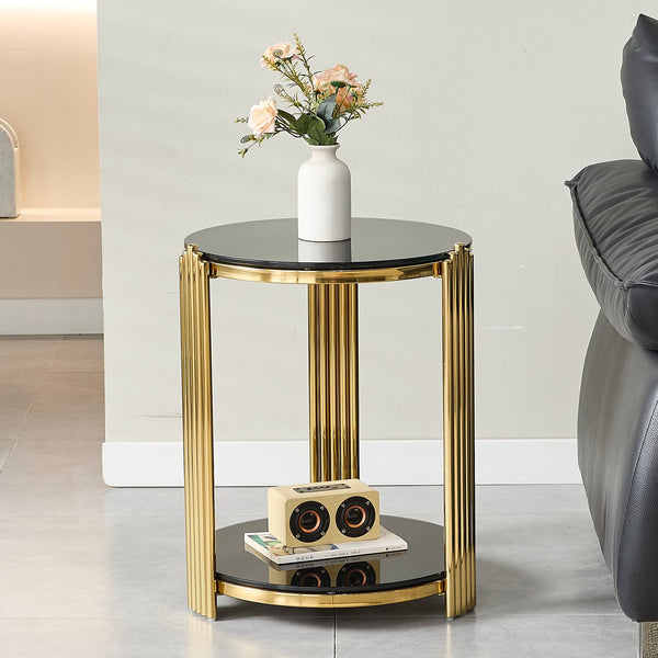 English Elm 16.9inch Round End Table Dual Tier Black Tempered Glass Gold Steel Frame Modern Accent W3357P395504