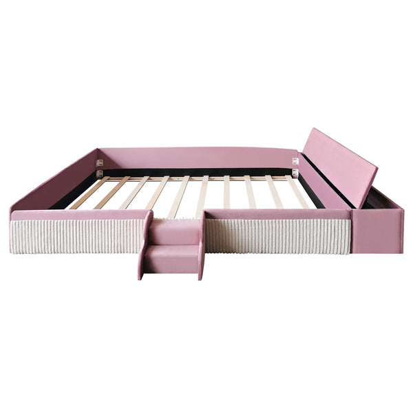 English Elm Queen Velvet Daybed with Built-in Stairs Gas Lift Storage and Padded Safety Rails Pink+White SF000203AAH