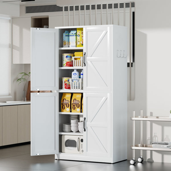 English Elm White Powder-coated Steel Pantry Cabinet with Adjustable Shelves for Kitchen or Bath T2398P413027