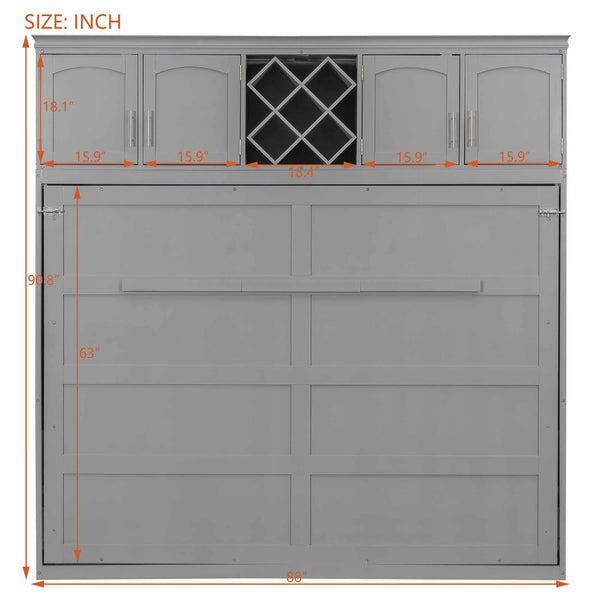 English Elm Queen Murphy Wall Bed with Storage Cabinets and Wine Rack for Small Space Living Gray LP000879AAE-1