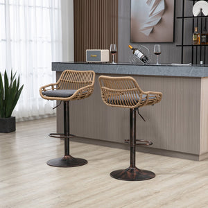 English Elm Modern Swivel Bar Stools Set of 2 Adjustable Counter Height Chairs with Linen Seat, Retro Rattan Back, 360° Rotation and Footrest, Vintage Gold Base, Durable Indoor/Outdoor Seating (Seat Height 25.6–33.9") Gray W39594823