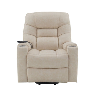 English Elm Nairi Ivory Faux Leather Power Recliner with Lift, Heat & Massage, Cup Holders, Pocket Coil Support B2726P245481