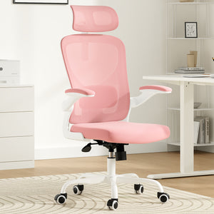 English Elm Ergonomic Office chair with adjustable headrest and lumbar support, breathable mesh, space-saving design Pink,White T3623P368569