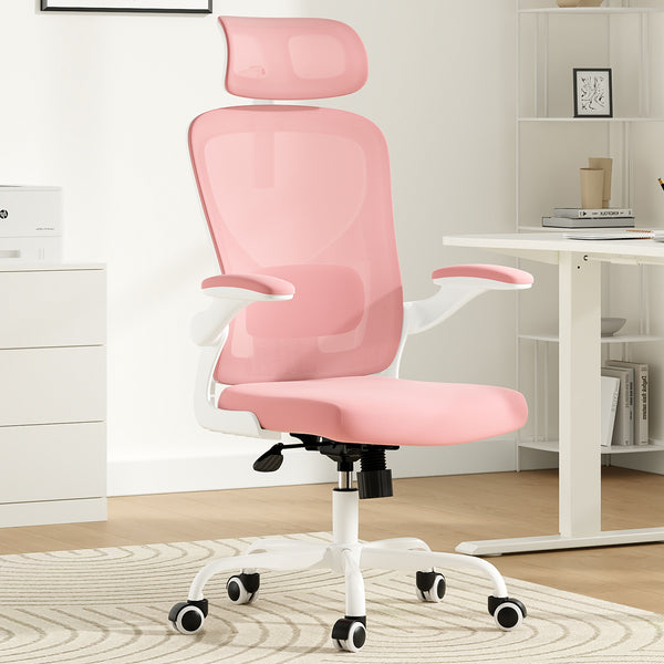 English Elm Ergonomic Office chair with adjustable headrest and lumbar support, breathable mesh, space-saving design Pink,White T3623P368569