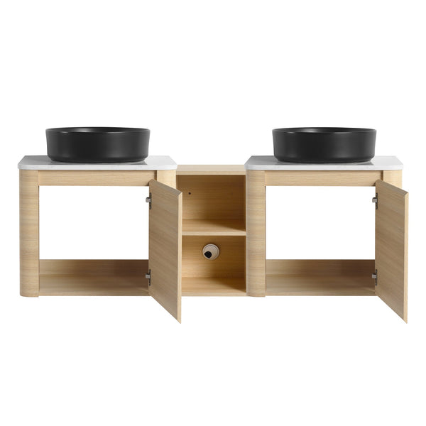 English Elm 60'' Wall-Mounted Bathroom Vanity With Ceramic Art Sink & Soft-Close Door For Modern Elegance W999S00472