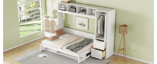 English Elm Full Size Murphy Wall Bed with Wardrobe Drawers Studio Apartment Space Saver White LP000792AAK-2