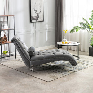 English Elm Velvet Curved Chaise Lounge Sofa with Button-Tufted Back, Thick Foam Cushion & Acrylic Legs for Living Room Comfort Silver W39538683