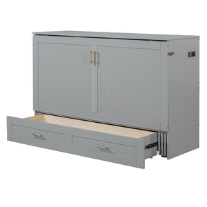 English Elm Queen Murphy Wall Bed Cabinet with Storage Drawer Built-in Power Outlets Usb Ports Gray LP000400AAE