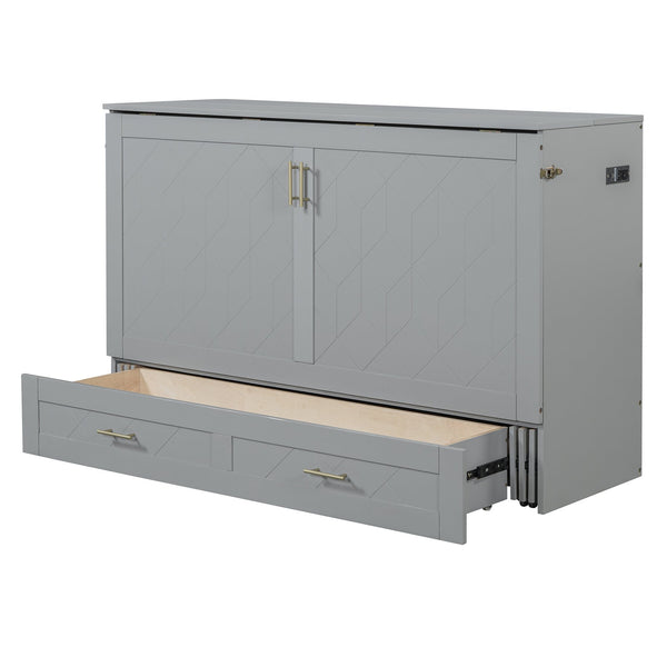 English Elm Queen Murphy Wall Bed Cabinet with Storage Drawer Built-in Power Outlets Usb Ports Gray LP000400AAE