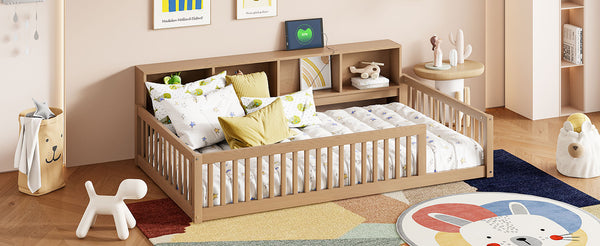 English Elm Wood Twin XL Floor Bed with Built-In Storage Cabinets, USB Charging Ports, Space-Saving Design Brown N709P205811D