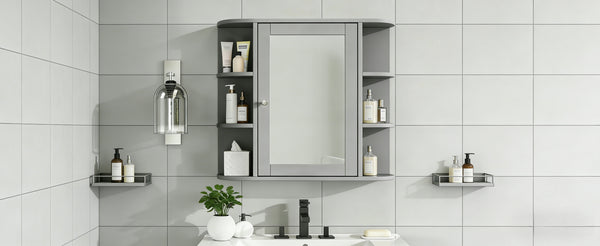 English Elm Bathroom Wall Cabinet with Mirror Door Open Shelving and Adjustable Interior Storage Gray N817P375228G