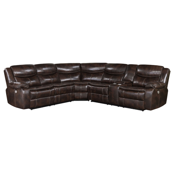 English Elm McLean Dark Brown Power Reclining Sectional Sofa with Faux Leather, Pillowtop Arms & Storage Console B062S01117