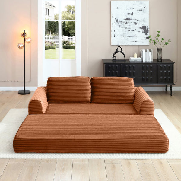 English Elm 2-in-1 Corduroy Futon Sofa Sleeper with Foam Fill and Modular Floor Profile Orange W1117P417304