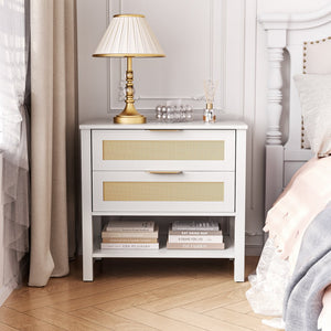 English Elm Rattan Front Boho Coastal Nightstand with Gold Pulls Open Shelf and Woven Drawer Accents White T3210P471548
