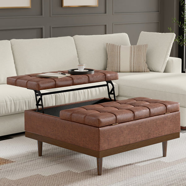English Elm Mariah Upholstered Lift-Top Storage Ottoman with Split Top, Tufted Vegan Leather, Walnut Base (37.4") Brown B136P252682
