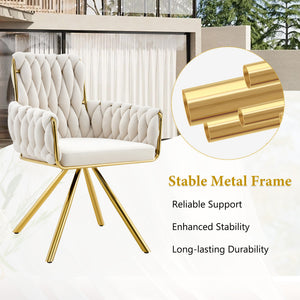 English Elm Set of 2 Velvet Upholstered Dining Chairs Braided Rope Back Glam Metal Legs Beige,Gold W3875P383929