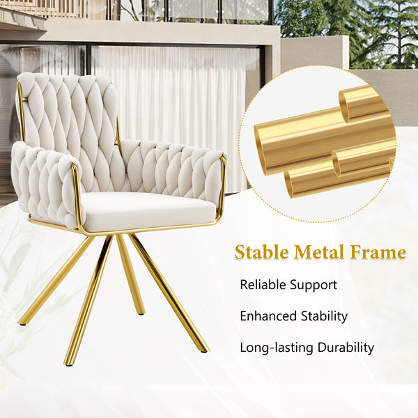 English Elm Set of 2 Velvet Upholstered Dining Chairs Braided Rope Back Glam Metal Legs Beige,Gold W3875P383929