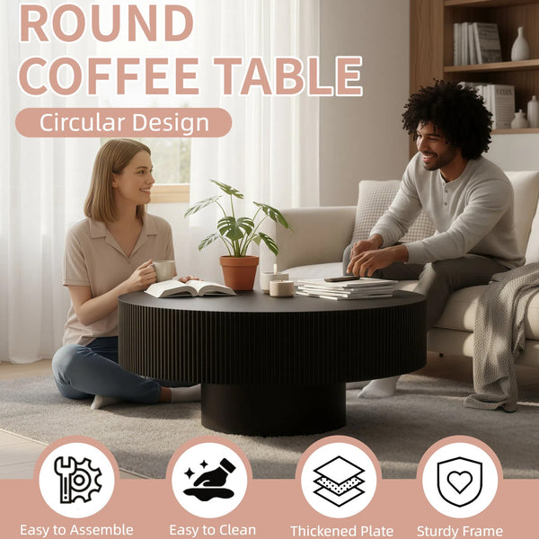 English Elm Round Fluted Pedestal Coffee Table Mid Century Mdf Base for Compact Living Spaces W3204P390987