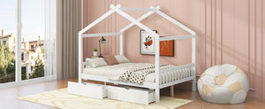 English Elm Full House Platform Bed with Roof Design and Two Drawers, Pine/MDF Durable Frame, Kid-Friendly Cozy Finish White WF292923AAK