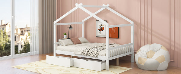 English Elm Full House Platform Bed with Roof Design and Two Drawers, Pine/MDF Durable Frame, Kid-Friendly Cozy Finish White WF292923AAK