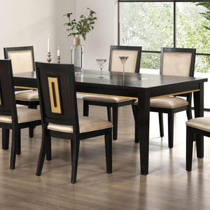 English Elm 7pc Modern Farmhouse Dining Set with Gold Chevron Trim 72" Table & Upholstered Chairs, Elegant Centerpiece Espresso 76 L x 45 W x 7 H B2741S00074