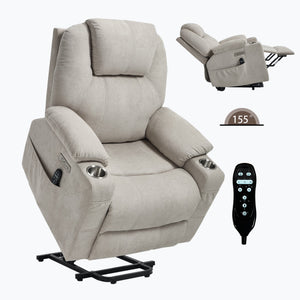 English Elm Up to 350 Lbs Chenille Power Lift Recliner with Massage Heating and Usb Charging Ports Beige W3224S00027