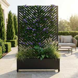 English Elm Metal Raised Garden Bed with Integrated Trellis Lockable Wheels and Privacy Screen W347P455021