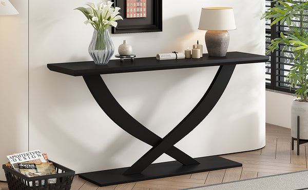 English Elm Mirod 57 Inch Acacia Veneer Console Table with Cross Leg Base for Entryway Black N760P214643B