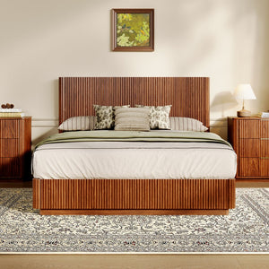 English Elm Queen Bed Frame with Led Lighting Curved Groove Panels and Floating Base Modern Bedroom Walnut W1820S00049