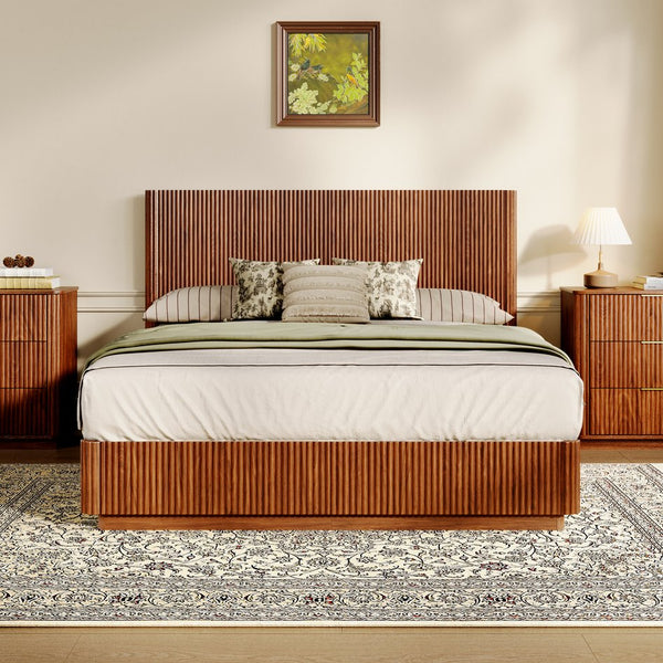 English Elm Queen Bed Frame with Led Lighting Curved Groove Panels and Floating Base Modern Bedroom Walnut W1820S00049