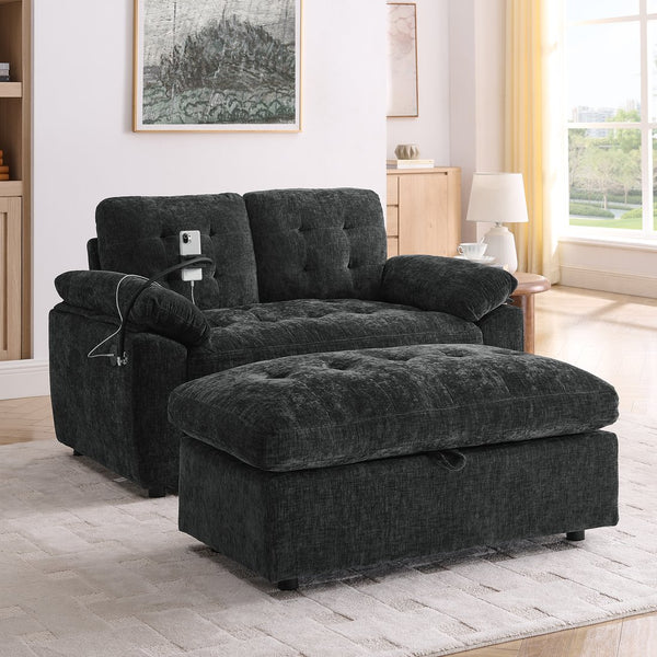 English Elm Leisure Chenille Two Seat Reclining Sofa with Usb Port Storage Ottoman Padded Armrests Black W487S00521