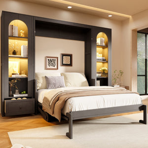 English Elm Queen Murphy Bed with Led Lighting Side Cabinets Shelving and Fold Down Desk Panel Gray N7090002226E-1