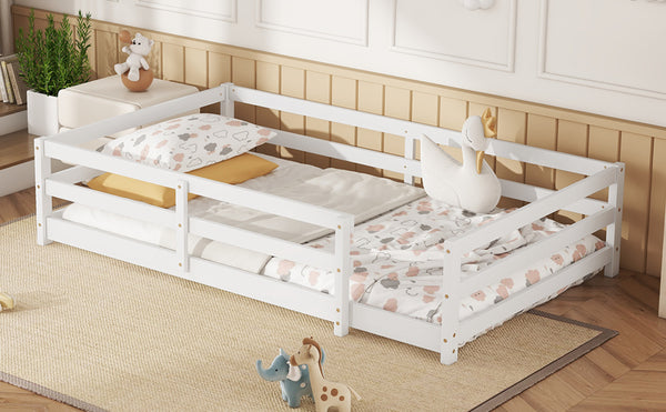 English Elm Twin Montessori Pine Floor Bed with Full Fence Rails for Kids Cozy Bedroom W1820P398987