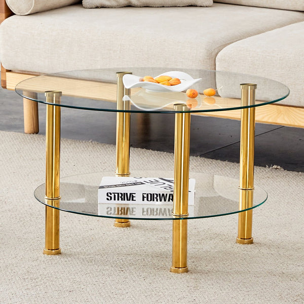 English Elm Contemporary Round Tempered Glass Coffee Table Gold Legs Open Shelf Living Room W1151P234005