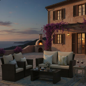 English Elm 4-piece Outdoor Wicker Conversation Set with Tempered Glass Table and Resort Style Brown B082S00060