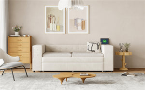 English Elm Twin Upholstered Bed with Trundle and Storage Drawers, USB Ports, French Velvet Luxurious Feel Beige SF000184AAA