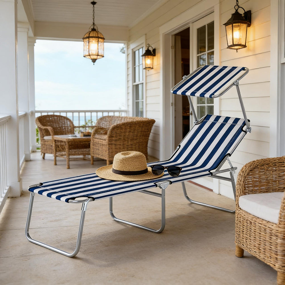 English Elm Portable Folding Outdoor Chaise Lounge with Sun Awning Oxford Cloth Steel Frame T3971P476859