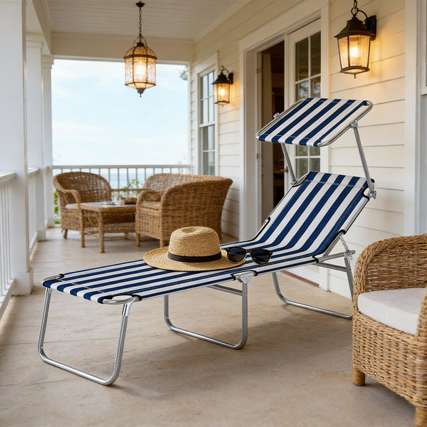 English Elm Portable Folding Outdoor Chaise Lounge with Sun Awning Oxford Cloth Steel Frame T3971P476859