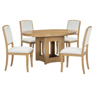 English Elm TOPMAX Solid Wood Extendable Round Dining Set for Small Spaces with 16" Removable Leaf and Cushioned Chairs Natural+Beige SP000091AAN