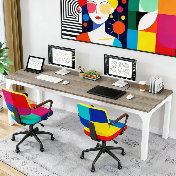 English Elm Dual Workstation Computer Desk with Iron Pipe Legs for Two Person Home Office Taupe T3971P460790