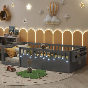 English Elm Twin Montessori Floor Bed Frame with High Rails and Built-In Light Shelf for Safe Independent Sleep Grey 79.13 L x 13 W x 6.3 H W2593P333797