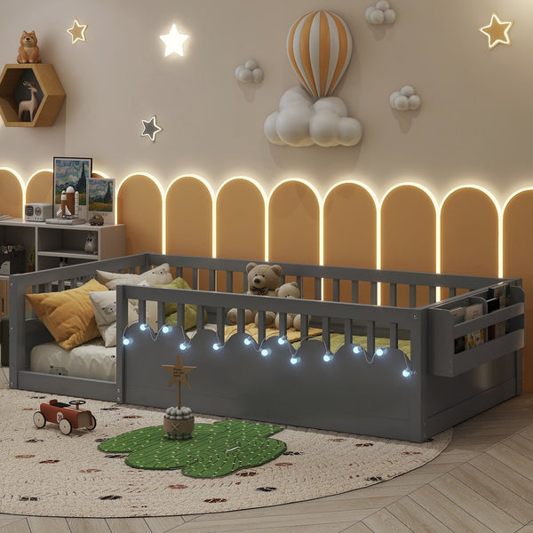 English Elm Twin Montessori Floor Bed Frame with High Rails and Built-In Light Shelf for Safe Independent Sleep Grey 79.13 L x 13 W x 6.3 H W2593P333797