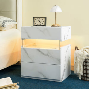 English Elm Led Nightstand with Rgb Acrylic Glow Panel Three Drawers Walnut Bedroom Table Stone White W2178P412304