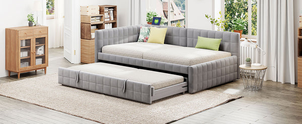 English Elm Full L-Shaped Upholstered Daybed with Pull-Out Twin Trundle, Built-In USB Ports, Modern Chic Design Gray SF000192AAE